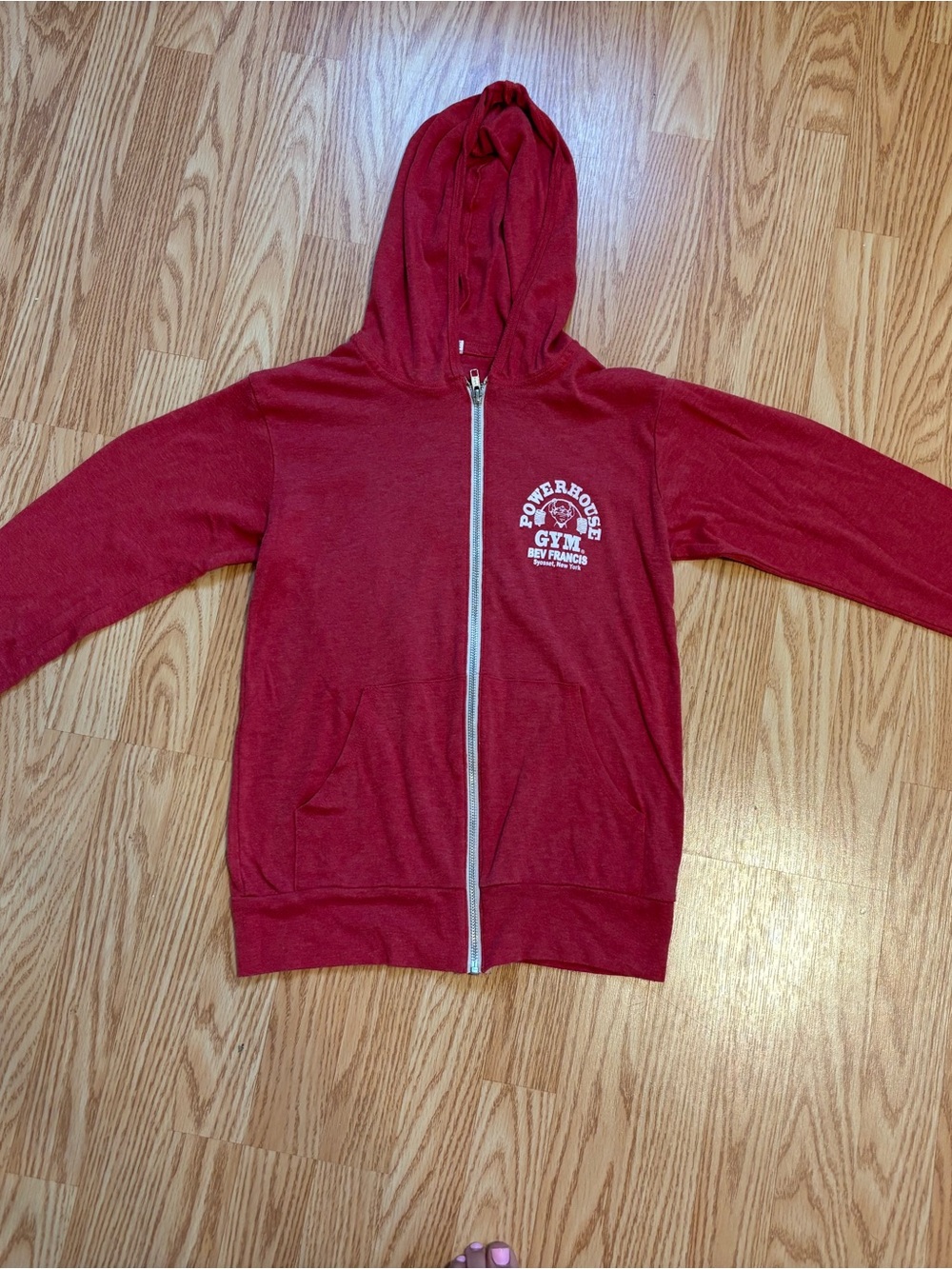 Red women’s Zip-Up Hoodie Jacket with Hood powerhouse gym Bev Francis light